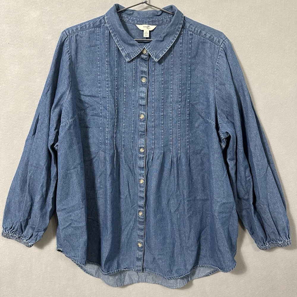 Terra & Sky Denim Top Blue‎ Button Up Pintuck Collared Peasant Women's Size 2X
